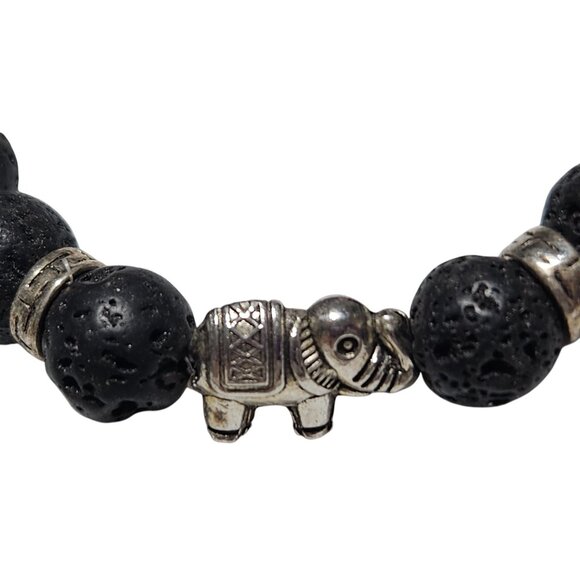 African Inspired Silver Tone Elephant Lava Stone Beaded Charm Bracelet Jewelry - Picture 2 of 4